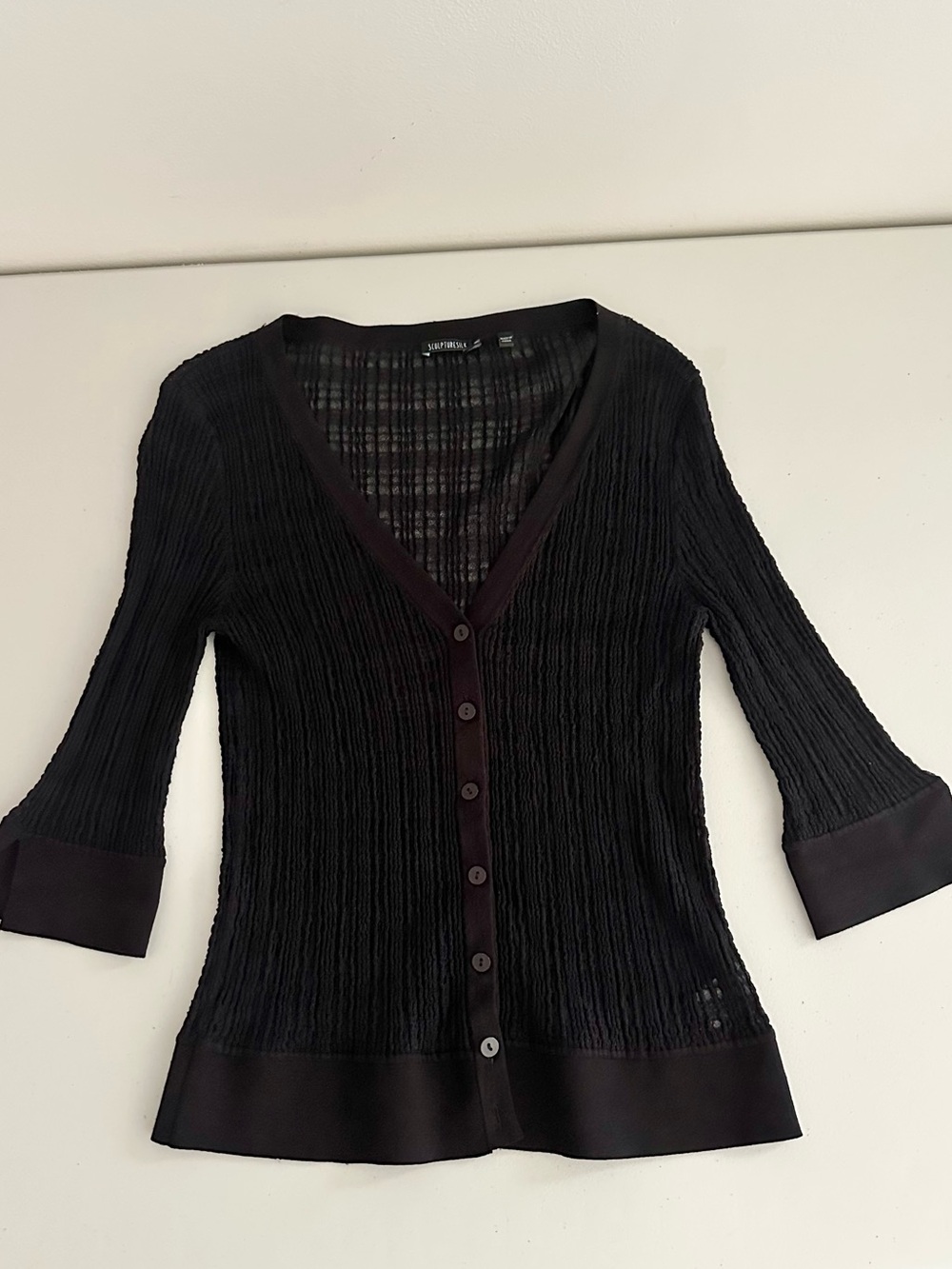 Sculpturesilk Black Silk Blend Sheer Ribbed Cardigan Top Size M Y2K Mesh Office